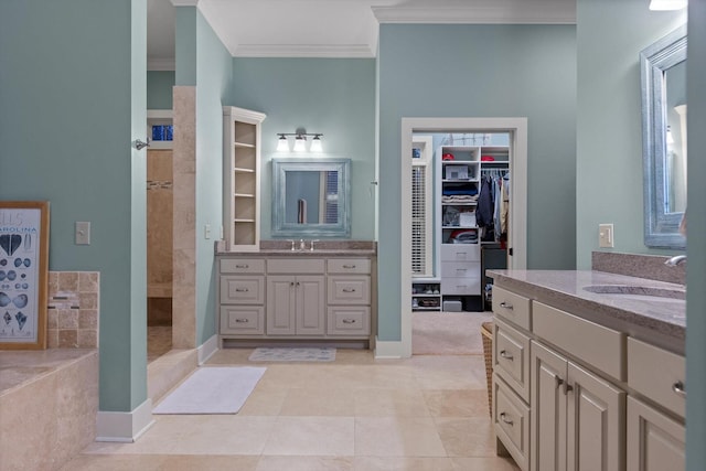 full bathroom with a sink, ornamental molding, tiled shower, and a spacious closet