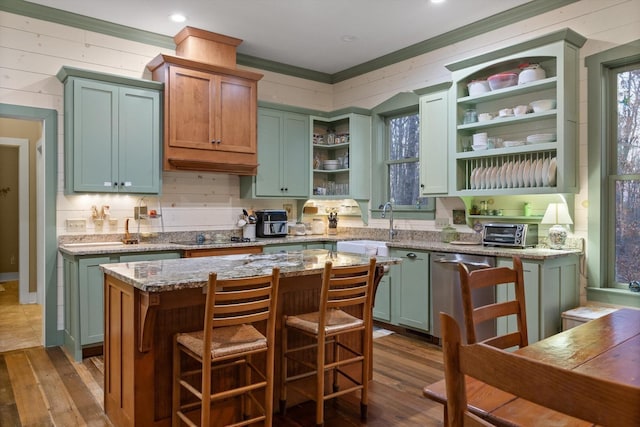 kitchen with stainless steel dishwasher, open shelves, crown molding, black electric stovetop, and dark wood-style floors