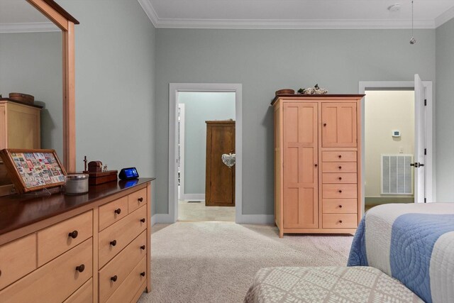 bedroom with baseboards, ornamental molding, light carpet, and visible vents