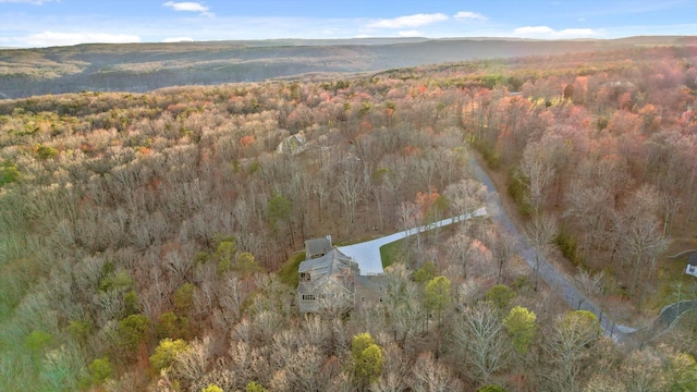 drone / aerial view with a wooded view