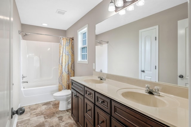 846 Todd Ave, Lewisburg, TN 37091 - full bathroom with a sink, toilet, double vanity, and shower / tub combo with curtain