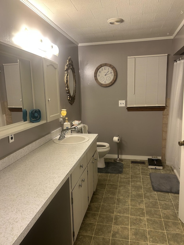 full bathroom featuring vanity, ornamental molding, tile patterned flooring, visible vents, and toilet