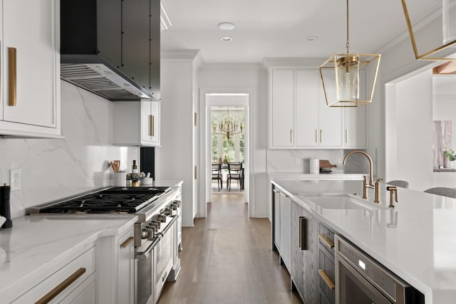 1105 Brookmeade Dr, Nashville, TN 37204 - kitchen with an inviting chandelier, high end stainless steel range, under cabinet range hood, white cabinets, and a sink
