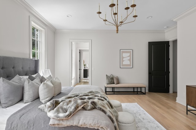 1105 Brookmeade Dr, Nashville, TN 37204 - bedroom featuring crown molding, recessed lighting, light wood-style floors, and a chandelier