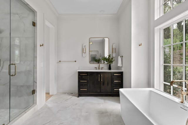 1105 Brookmeade Dr, Nashville, TN 37204 - bathroom with crown molding, vanity, a shower stall, and a wealth of natural light