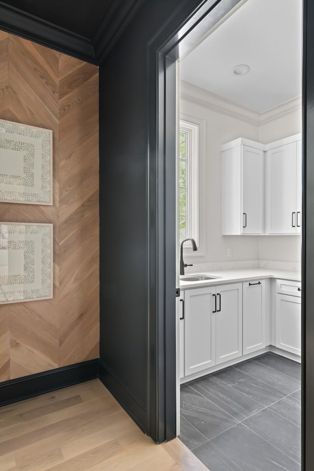 1105 Brookmeade Dr, Nashville, TN 37204 - bathroom with crown molding, wooden walls, and vanity