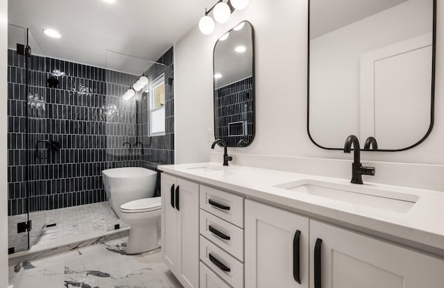 6556 Jocelyn Hollow Rd, Nashville, TN 37205 - bathroom featuring double vanity, a shower stall, a sink, and marble finish floor
