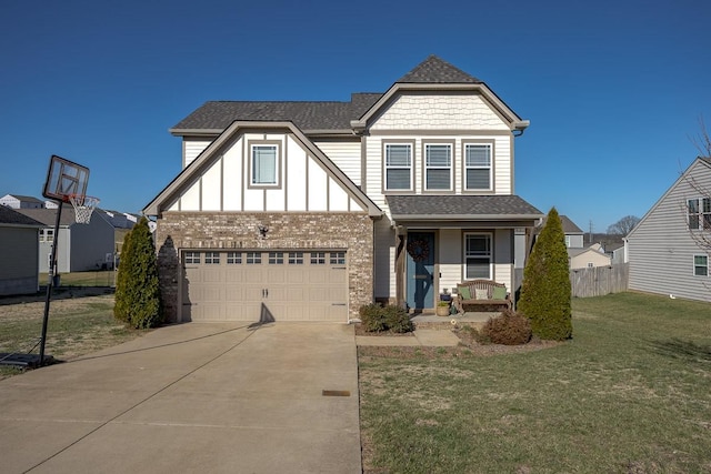 tudor home featuring fence, a shingled roof, a front lawn, a porch, and driveway