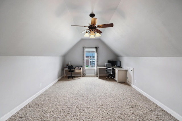 1353 Stewart Creek Rd, Murfreesboro, TN 37129 - bonus room featuring light colored carpet, an office area, vaulted ceiling, a ceiling fan, and baseboards