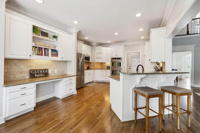 1353 Stewart Creek Rd, Murfreesboro, TN 37129 - kitchen featuring open shelves, a peninsula, stainless steel appliances, white cabinetry, and crown molding