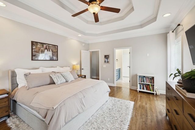 1353 Stewart Creek Rd, Murfreesboro, TN 37129 - bedroom with recessed lighting, ornamental molding, a tray ceiling, dark wood finished floors, and baseboards