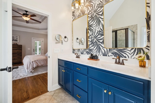 1353 Stewart Creek Rd, Murfreesboro, TN 37129 - bathroom with a shower stall, double vanity, ceiling fan, connected bathroom, and tile patterned flooring