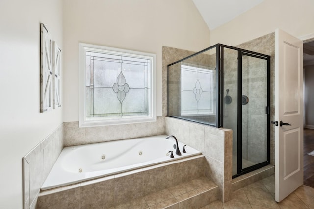 1353 Stewart Creek Rd, Murfreesboro, TN 37129 - full bath featuring a shower stall, a whirlpool tub, lofted ceiling, and tile patterned floors