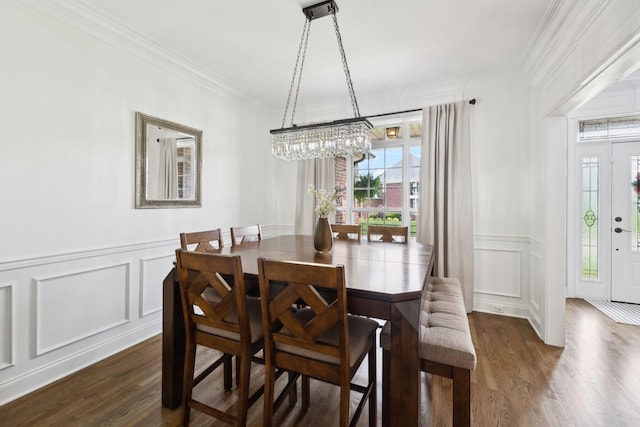 1353 Stewart Creek Rd, Murfreesboro, TN 37129 - dining space with a decorative wall, dark wood-style floors, a chandelier, ornamental molding, and a wainscoted wall