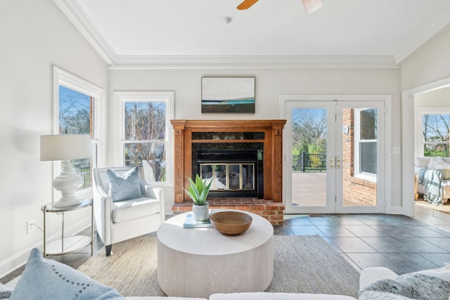 1403 Sneed Rd W, Franklin, TN 37069 - tiled living area featuring baseboards, ornamental molding, a ceiling fan, and french doors