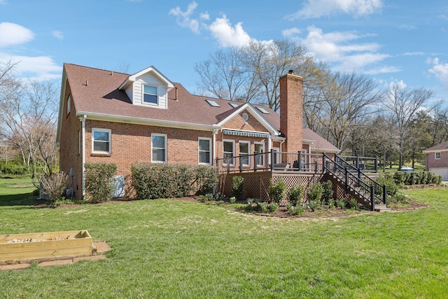 1403 Sneed Rd W, Franklin, TN 37069 - rear view of house with roof with shingles, a wooden deck, stairway, brick siding, and a yard