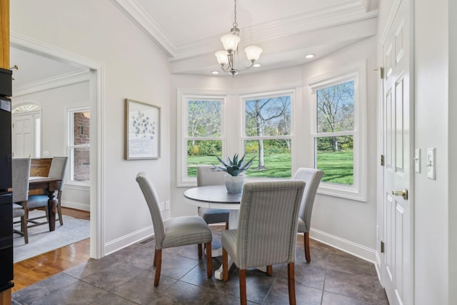 1403 Sneed Rd W, Franklin, TN 37069 - dining space with crown molding, baseboards, a chandelier, and a wealth of natural light