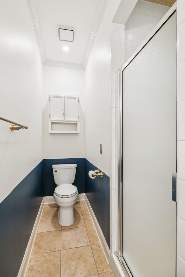 1403 Sneed Rd W, Franklin, TN 37069 - full bath with crown molding, toilet, baseboards, tile patterned floors, and a stall shower