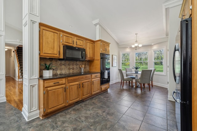 1403 Sneed Rd W, Franklin, TN 37069 - kitchen featuring backsplash, crown molding, dark countertops, black appliances, and an inviting chandelier