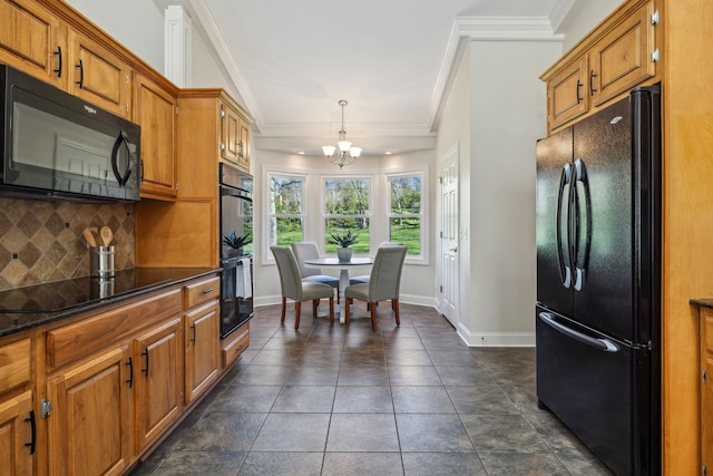 1403 Sneed Rd W, Franklin, TN 37069 - kitchen with crown molding, brown cabinetry, a chandelier, backsplash, and black appliances