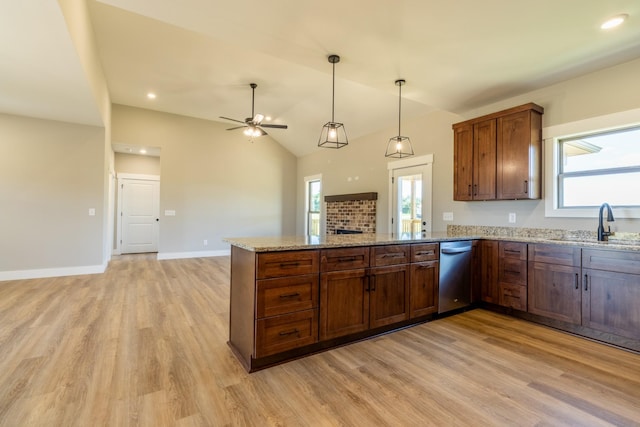 5367 Roy Holman Rd, Springfield, TN 37172 - kitchen featuring stainless steel dishwasher, a peninsula, light wood finished floors, a sink, and a ceiling fan