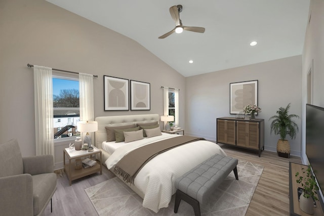 bedroom featuring light wood-type flooring, baseboards, recessed lighting, a ceiling fan, and high vaulted ceiling