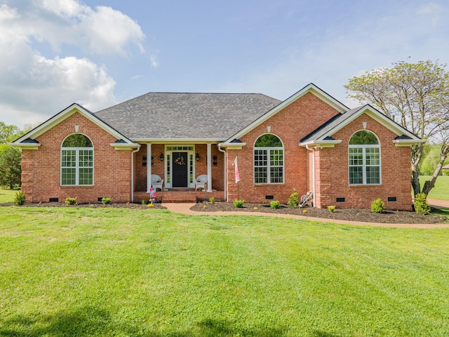 ranch-style home featuring brick siding, crawl space, and a shingled roof