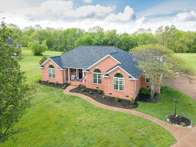 ranch-style house with brick siding, a shingled roof, and crawl space