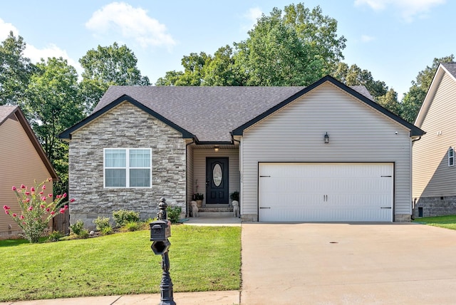 1804 Rains Rd, Clarksville, TN 37042 - view of front of home with a garage, a front lawn, stone siding, a shingled roof, and concrete driveway