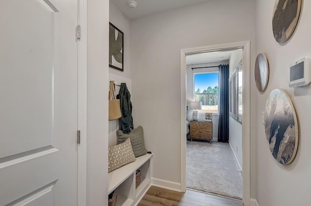 mudroom with carpet floors, baseboards, and wood finished floors
