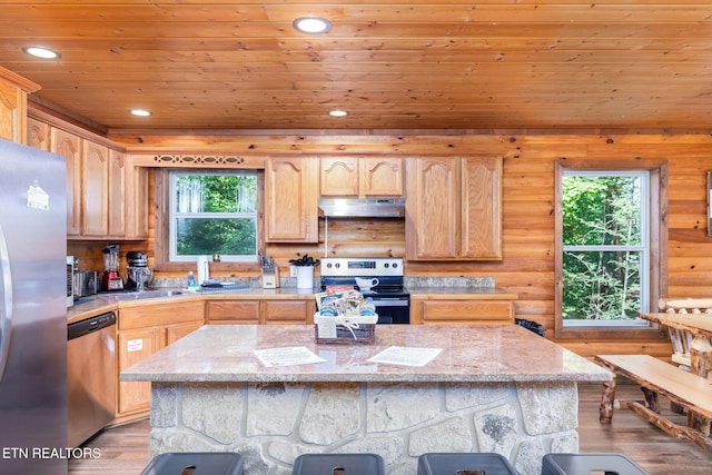 531 Gatlin Dr, Gatlinburg, TN 37738 - kitchen featuring stainless steel appliances, under cabinet range hood, light brown cabinets, wood ceiling, and light wood finished floors