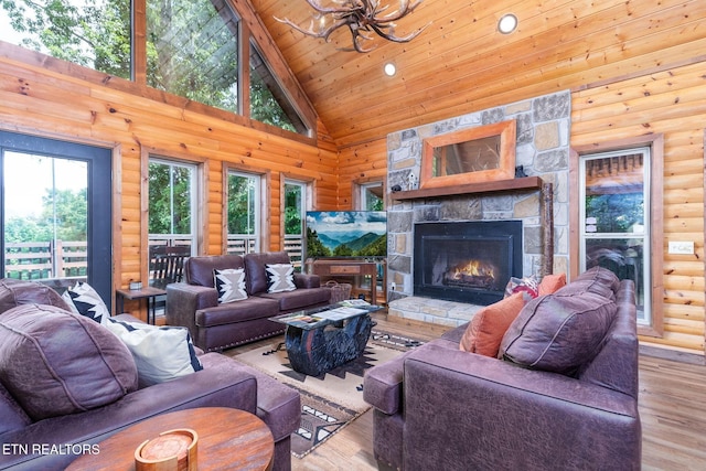 531 Gatlin Dr, Gatlinburg, TN 37738 - living room featuring wood finished floors, wooden ceiling, a stone fireplace, high vaulted ceiling, and log walls