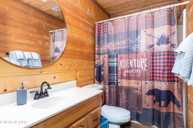 531 Gatlin Dr, Gatlinburg, TN 37738 - full bath featuring vanity, wooden ceiling, wood walls, toilet, and a shower with curtain