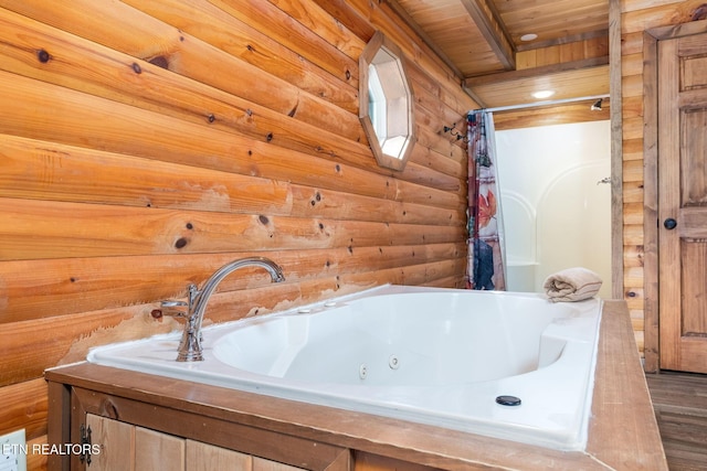 531 Gatlin Dr, Gatlinburg, TN 37738 - bathroom featuring wood finished floors, wood walls, and wooden ceiling
