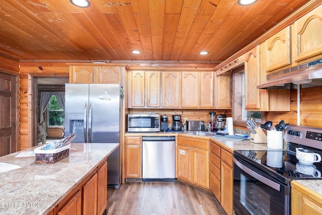 531 Gatlin Dr, Gatlinburg, TN 37738 - kitchen with stainless steel appliances, recessed lighting, wood ceiling, rustic walls, and wood finished floors
