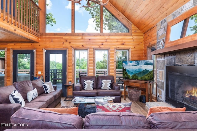 531 Gatlin Dr, Gatlinburg, TN 37738 - living area featuring wood finished floors, high vaulted ceiling, a fireplace, and wooden ceiling