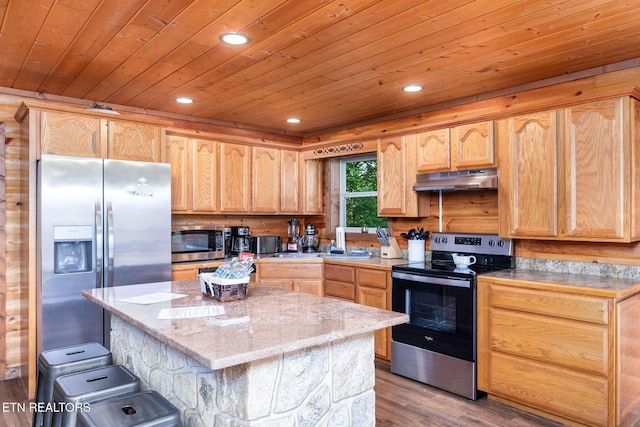 531 Gatlin Dr, Gatlinburg, TN 37738 - kitchen with appliances with stainless steel finishes, under cabinet range hood, wood ceiling, light brown cabinetry, and recessed lighting