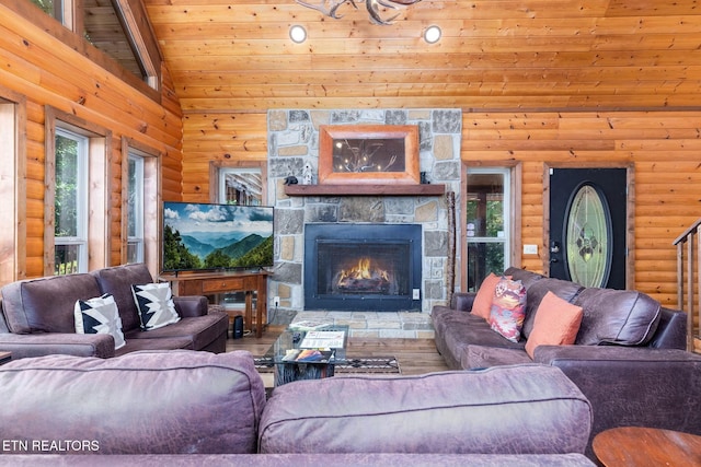 531 Gatlin Dr, Gatlinburg, TN 37738 - living room featuring wood ceiling, rustic walls, and a fireplace