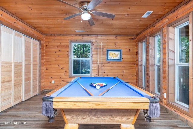 531 Gatlin Dr, Gatlinburg, TN 37738 - recreation room with pool table, wood ceiling, wood finished floors, ceiling fan, and wood walls