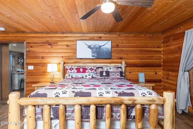 531 Gatlin Dr, Gatlinburg, TN 37738 - bedroom with wooden ceiling, wood finished floors, rustic walls, and ceiling fan