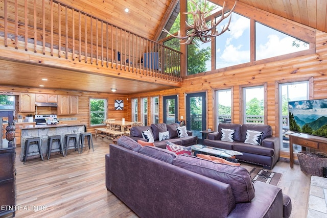 531 Gatlin Dr, Gatlinburg, TN 37738 - living area featuring a chandelier, high vaulted ceiling, light wood-type flooring, wood ceiling, and rustic walls
