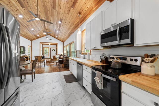kitchen with stainless steel appliances, wood counters, ceiling fan, and a sink