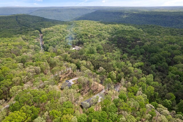 bird's eye view with a wooded view