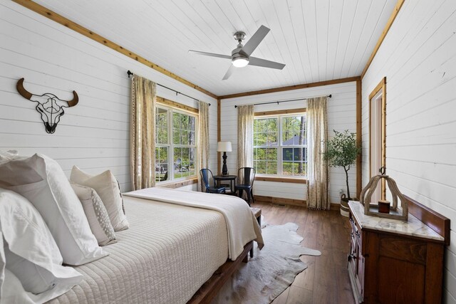 bedroom featuring wooden walls, wooden ceiling, a ceiling fan, and hardwood / wood-style floors