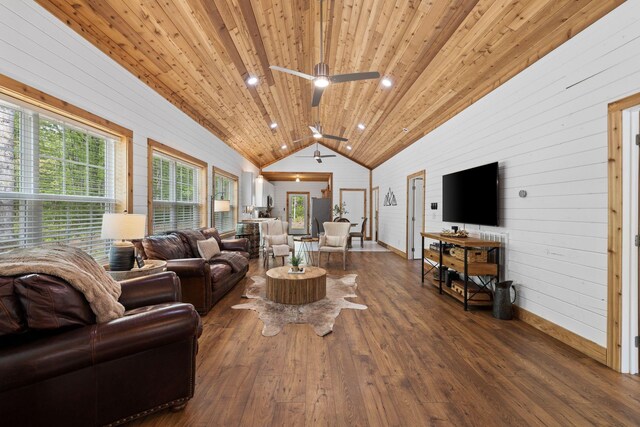 living room with a ceiling fan, baseboards, wood finished floors, vaulted ceiling, and wood ceiling