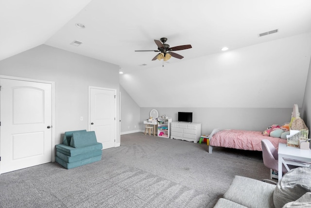 bedroom with recessed lighting, vaulted ceiling, carpet flooring, and visible vents