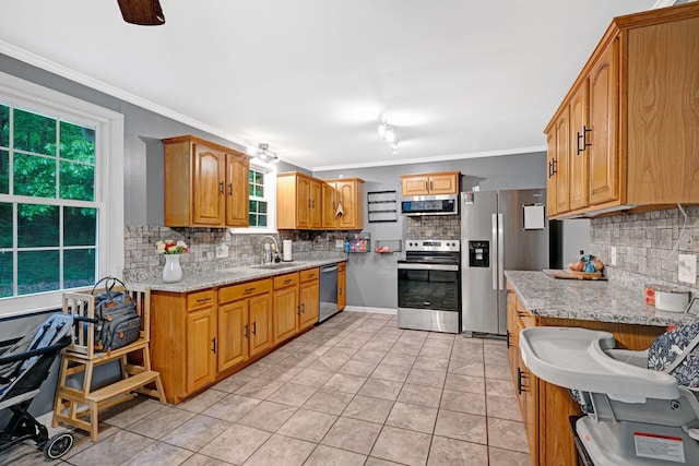 1032 Gordon Cir, Burns, TN 37029 - kitchen with appliances with stainless steel finishes, tasteful backsplash, a sink, healthy amount of natural light, and ornamental molding