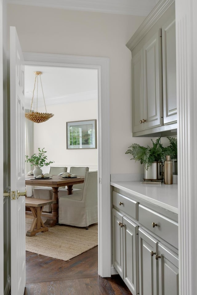 bar with crown molding and dark wood-style flooring