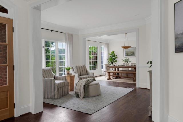living area featuring baseboards, ornamental molding, and dark wood-type flooring