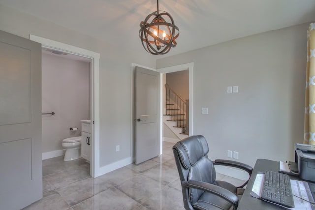 home office with an inviting chandelier, baseboards, light tile patterned flooring, and visible vents